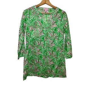 Lilly Pulitzer Floral Tunic Dress XS Green Pink Botanical Print 3/4 Sleeve Light